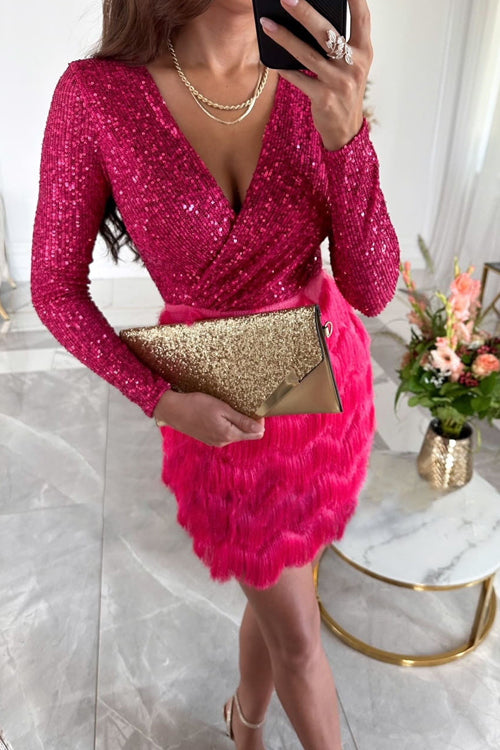 Women's Sequin Cocktail Dress - V-Neck - Long Sleeve - Tiered Fringe Mini Skirt