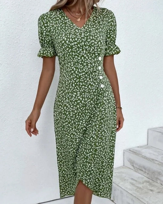 Women's Midi Dress - V-Neck Wrap Style - Short Sleeve Ruffle Detail - Flowing Elegant Fit