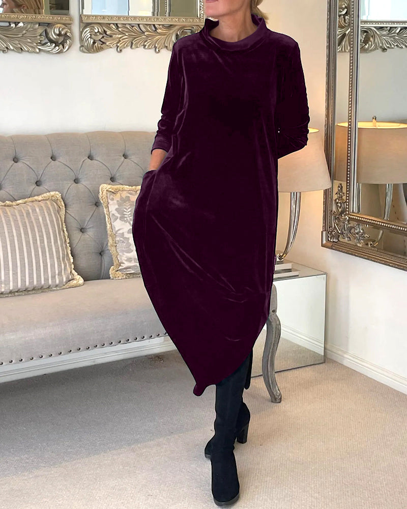 Women's Velvet Midi Dress - Loose Fit - Long Sleeve - High Neck - Elegant & Soft