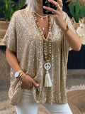 Bohemian loose pullover sequin v-neck top for women, sparkling sequins, and relaxed fit.