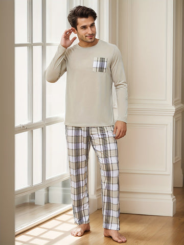 Men’s Two-Piece Pajama Set – Relaxed Fit – Crew Neck Top – Plaid Pocket – Straight Leg Pants