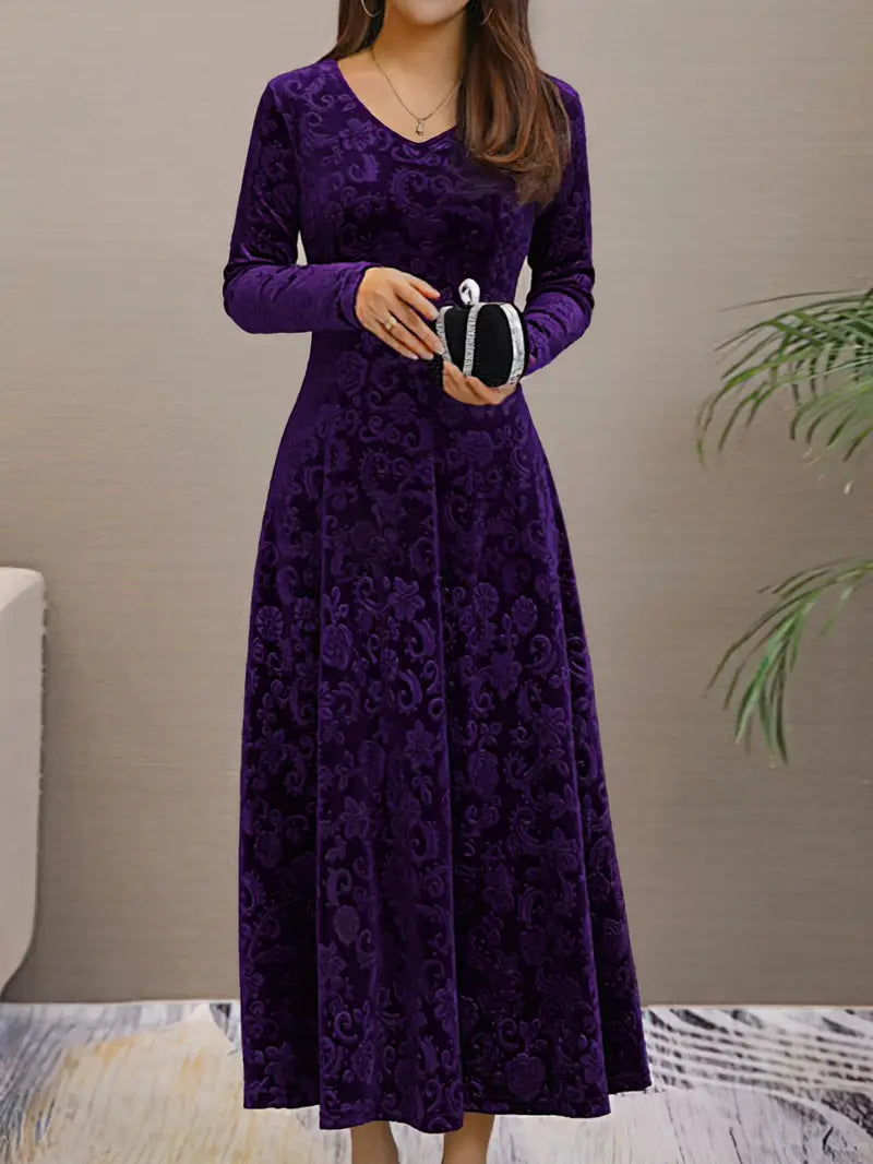 Women's Flared Dress - V-Neck - Long Sleeve - Textured Pattern - Ankle Length Elegant Wear