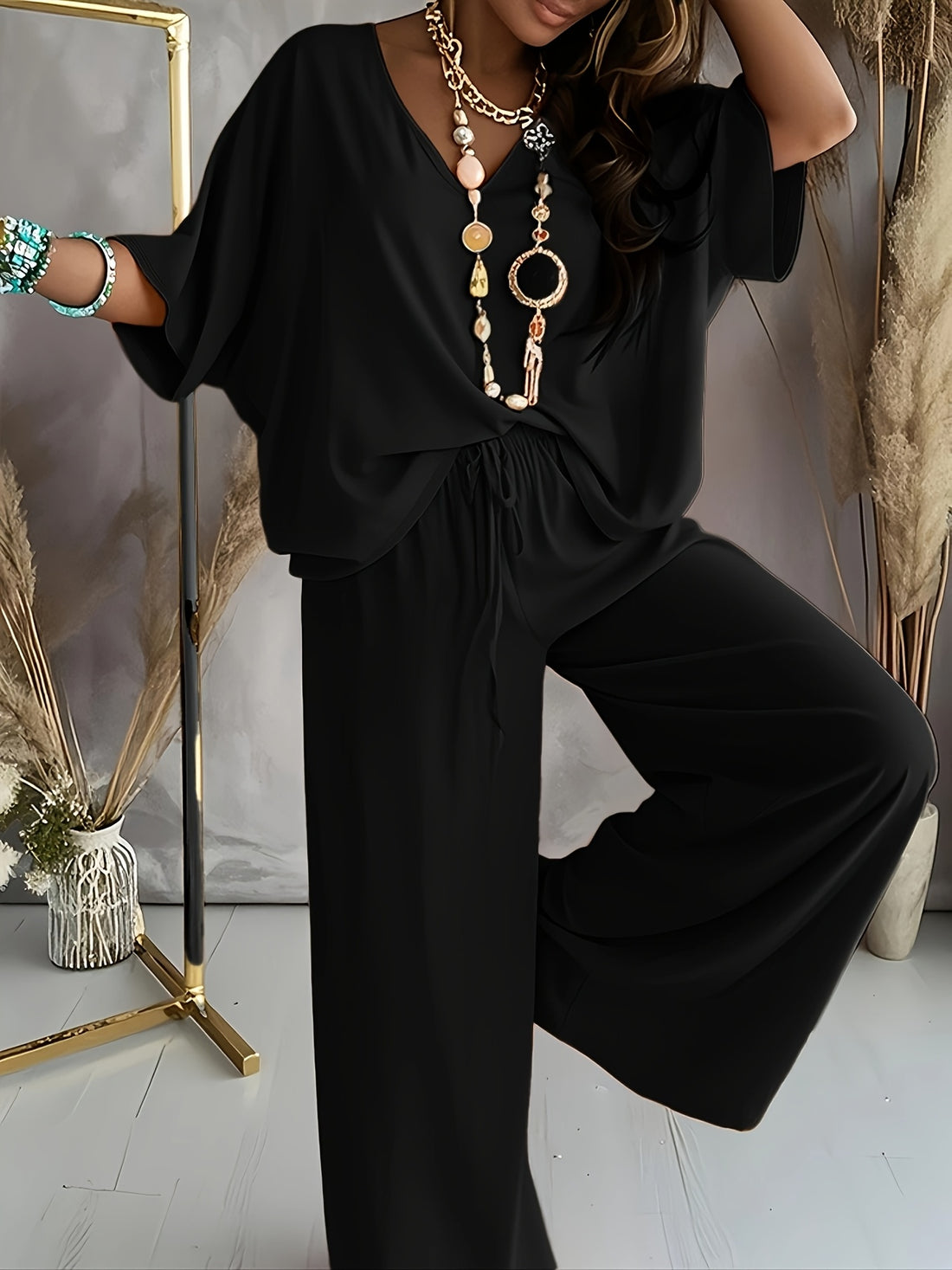 Women's Two-Piece Set - V-Neck Half Sleeve Top - High-Waist Wide Leg Pants - Relaxed Fit