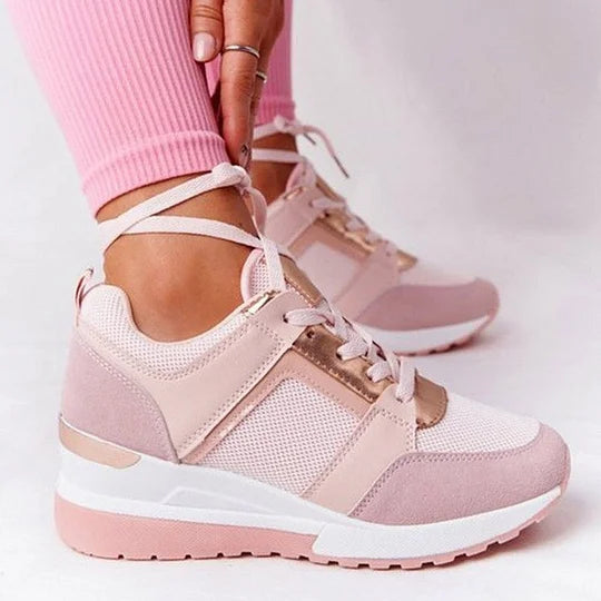 Women's Wedge Sneakers - Breathable Perforated Design - Lace-Up Casual Comfort
