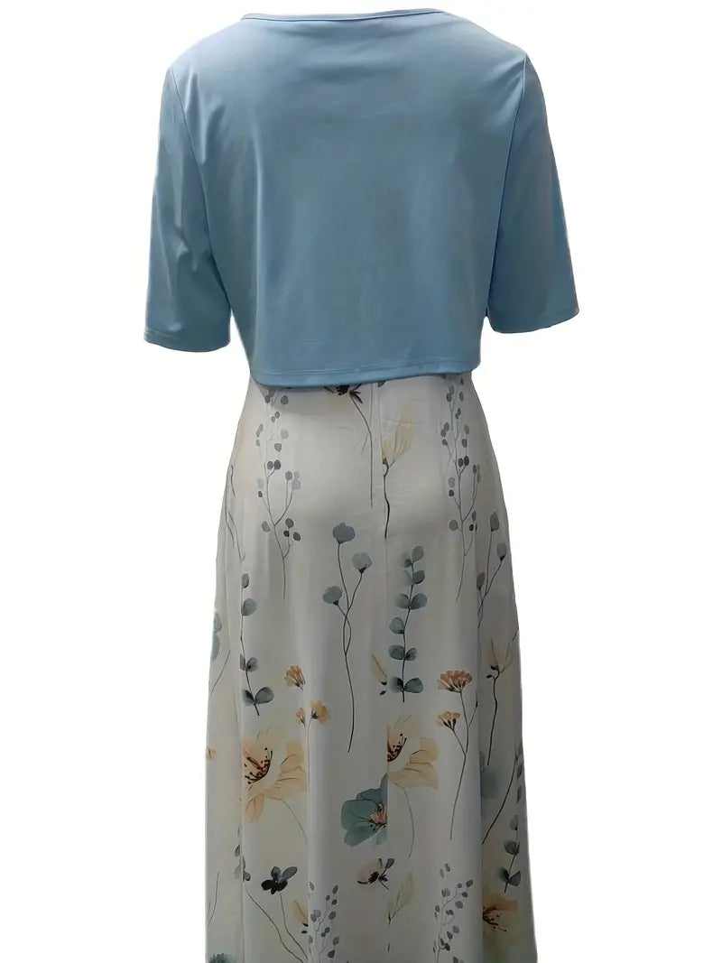 Women’s Two-Piece Set – Floral Midi Dress – A-Line Fit – Crop Top with Scoop Neck