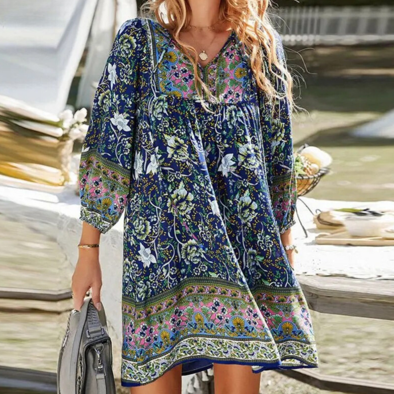 Women’s Boho Dress – Floral Print – V-Neck – Long Sleeve – Relaxed Fit – Knee Length