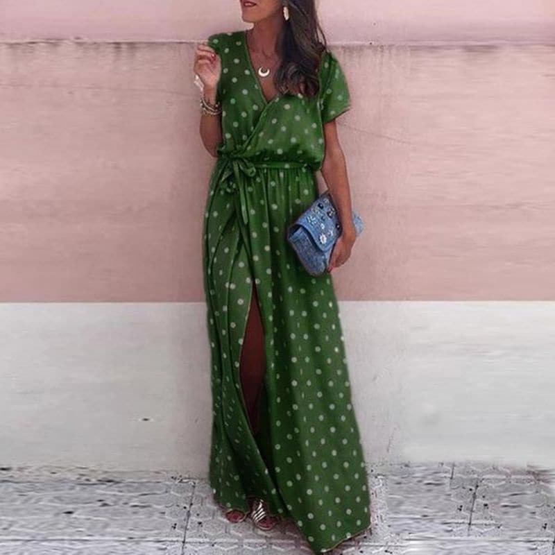 Women’s Maxi Dress – Wrap Style – Polka Dot – Belted Waist – Flowy Fit – Slit Hem