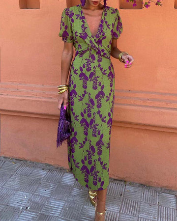 Women's Wrap Dress - Puff Sleeve - Floral Print - Cinched Waist - Elegant Midi Length