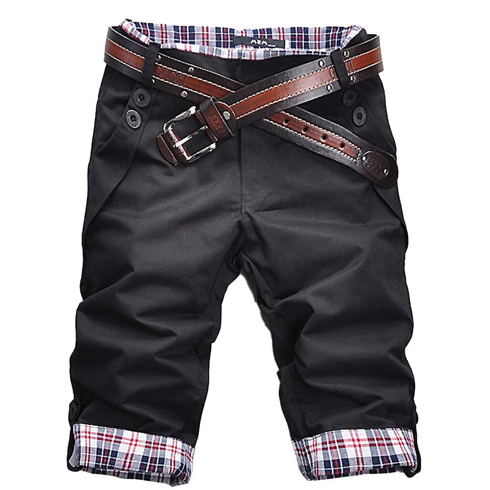 Men’s Cropped Trousers – Relaxed Fit – Breathable Blend – Belted – Plaid Cuff Detail
