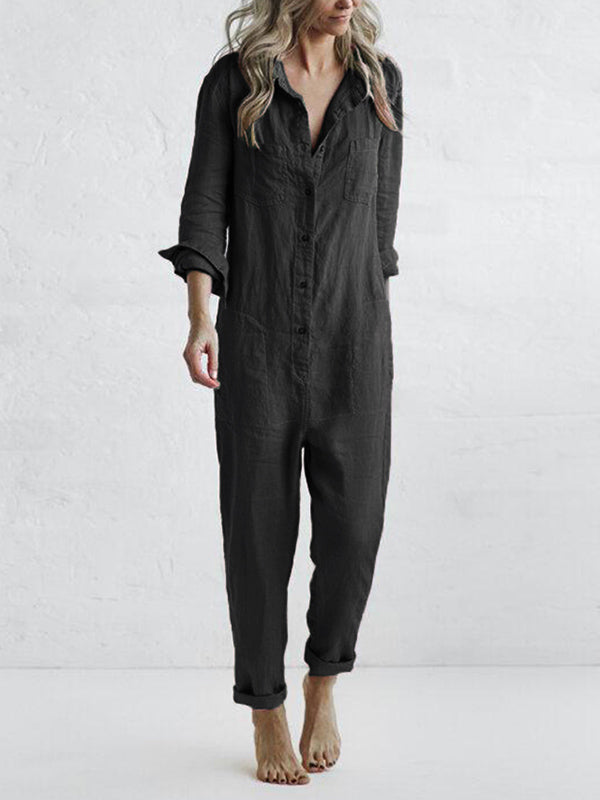 Button down long sleeve jumpsuit for women featuring button front, utility pockets and relaxed fit.