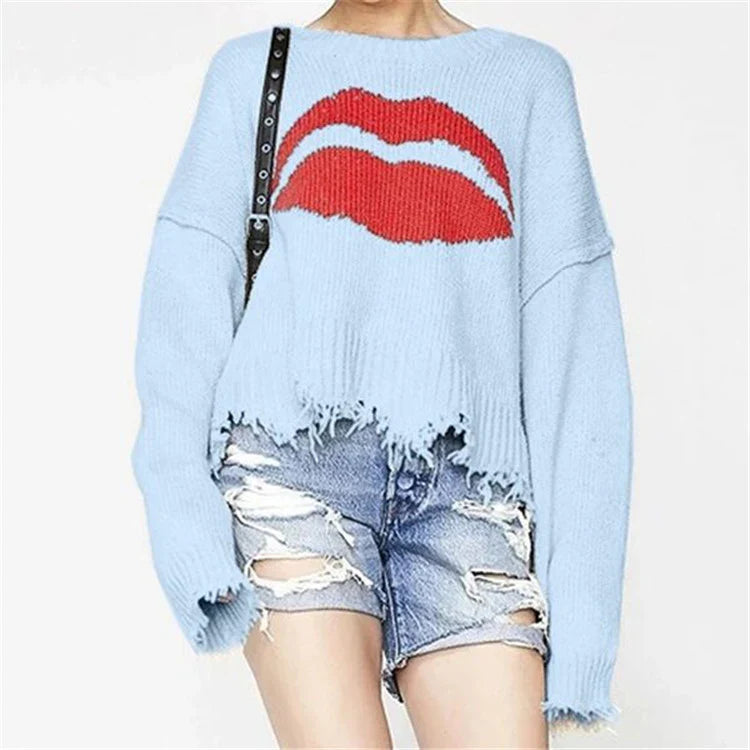 Women’s Sweater – Chunky Knit Wool – Oversized Fit – Lip Motif – Fringed Hem