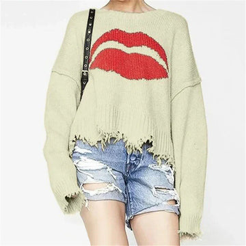Women’s Sweater – Chunky Knit Wool – Oversized Fit – Lip Motif – Fringed Hem