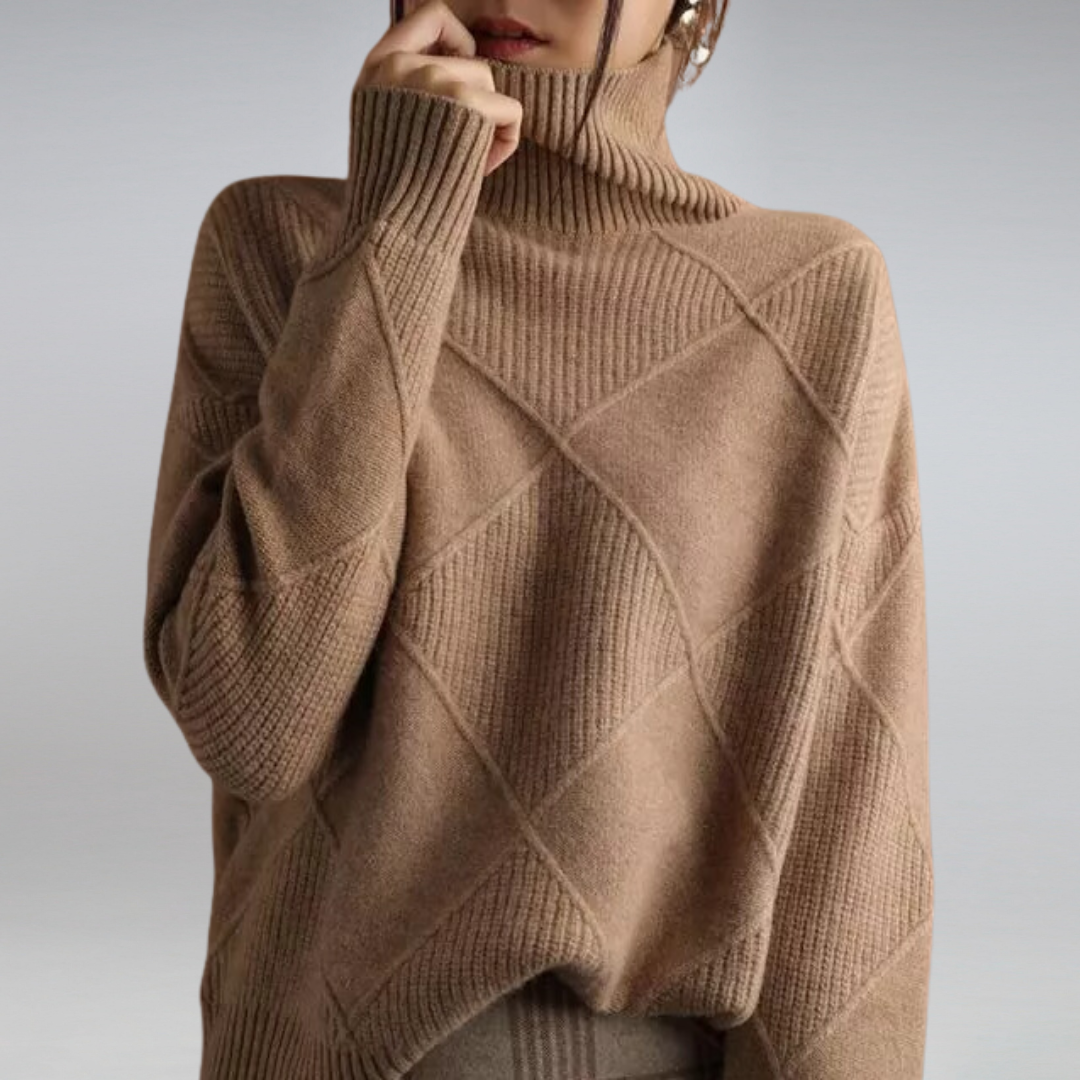 Women’s Turtleneck Sweater – Relaxed Fit – Wool Knit – Ribbed Geometric Design