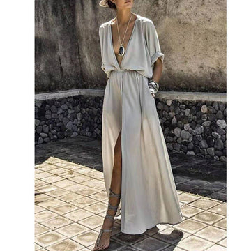 Women’s Maxi Dress – Relaxed Fit – Deep V-Neck – Front Slit – Mid Sleeve – Flowy Fabric