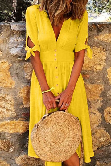 Women’s Midi Dress – 100% Cotton – V-Neck – Short Sleeve with Tie Detail – Button Front