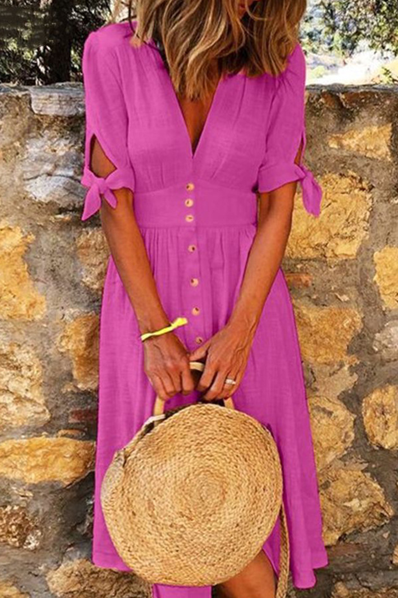 Women’s Midi Dress – 100% Cotton – V-Neck – Short Sleeve with Tie Detail – Button Front