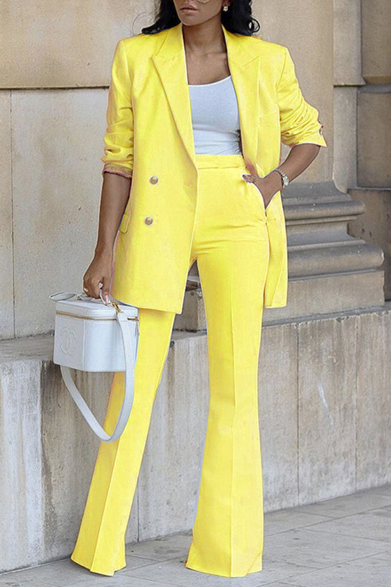 Women’s Blazer and Pants Set – Double Breasted – High Waist Flared Trousers – Structured Fit