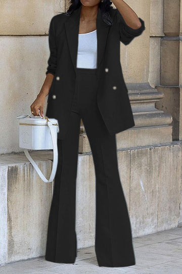 Women’s Blazer and Pants Set – Double Breasted – High Waist Flared Trousers – Structured Fit