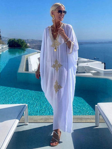 Women's Kaftan Dress - Embroidered V-Neck - Loose Fit - Lightweight Breathable Fabric