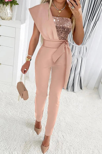 Women's Jumpsuit - Strapless Sequin Bodice - Asymmetrical Overlay - Slim Tapered Leg