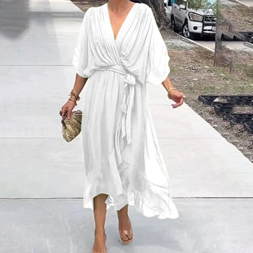 Women’s Midi Dress - Flowy A-Line - V-Neck - Balloon Sleeves - Tie Waist Elegant Fit