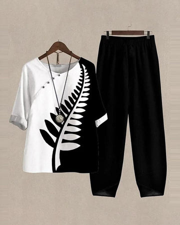 Women’s Two-Piece Set – Relaxed Fit Leaf Print Top – Wide-Leg Pants – Breathable Blend