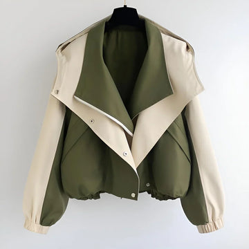 Women’s Short Jacket – Oversized Relaxed Fit – Two-Tone – Blouson Hem – Snap Closure