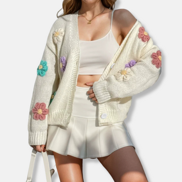 Women’s Knit Cardigan – Oversized Fit – Handmade Floral Accents – Button Front