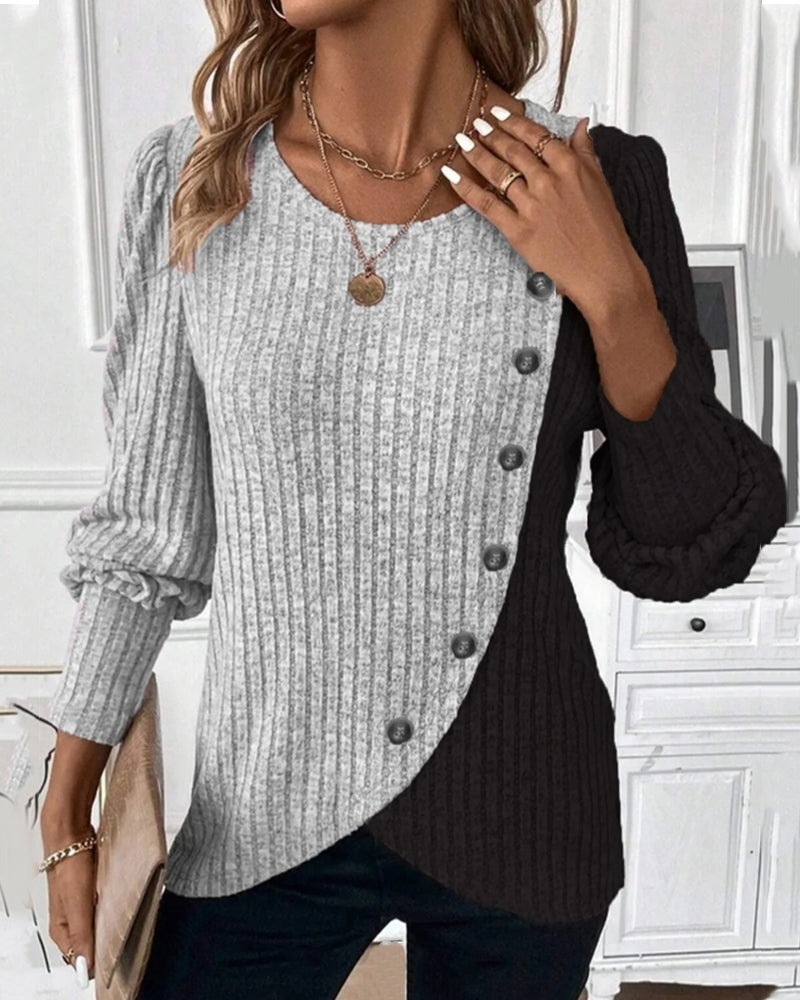 Women’s Sweater – Ribbed Knit – Asymmetric Button Detail – Stylish Relaxed Fit
