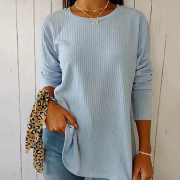 Women's Ribbed Knit Sweater - Round Neck - Long Sleeve - Soft Stretch Fabric