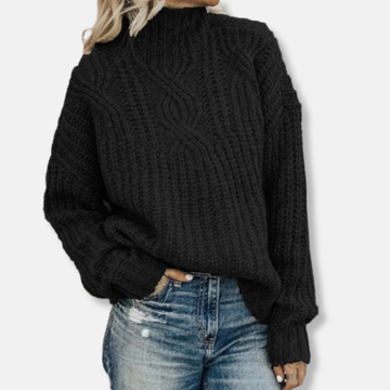 Women’s Pullover Sweater – Wool Cable Knit – High Neck – Relaxed Fit Cozy Knitwear