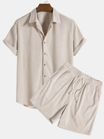 Men's Short-Sleeve Button-Up Shirt & Shorts Set - Breathable Fabric - Relaxed Fit - Elastic Waist Drawstring Shorts - Casual Resort Wear
