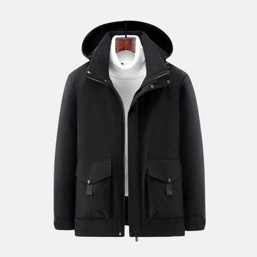 Men’s Hooded Jacket – Insulated Padded – Mid-Length – Zip Snap Closure – High Collar