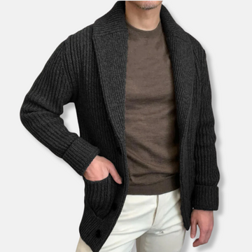 Men’s Knitted Cardigan – Wool Blend – Relaxed Fit – Shawl Collar – Button Front – Ribbed