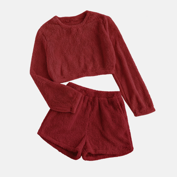 Women’s Two-Piece  Loungewear Set – Plush Fleece – Cropped Long Sleeve Top – High-Waisted Shorts