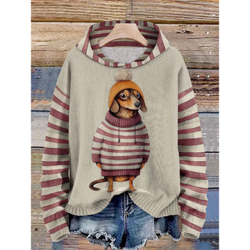 Women’s Hoodie – Relaxed Fit – Fleece Feel – Cartoon Dog Print – Striped Sleeves