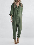 Button down long sleeve jumpsuit for women in soft cotton-blend fabric with utility pockets and adjustable waist tie.