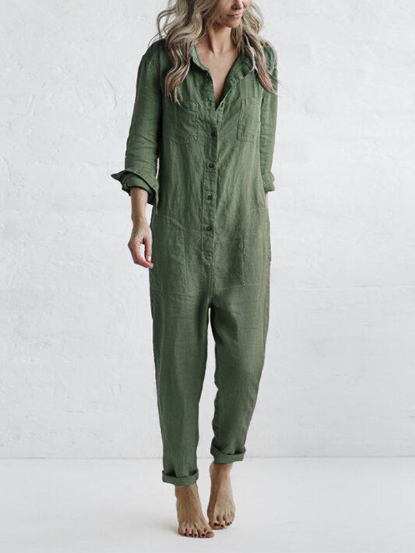 Button down long sleeve jumpsuit for women in soft cotton-blend fabric with utility pockets and adjustable waist tie.