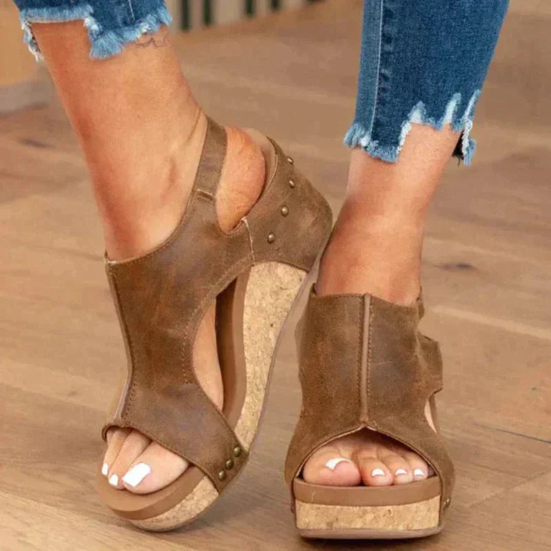 Women's Leather Sandal - Open Toe - Cushioned Support - Wedge Heel