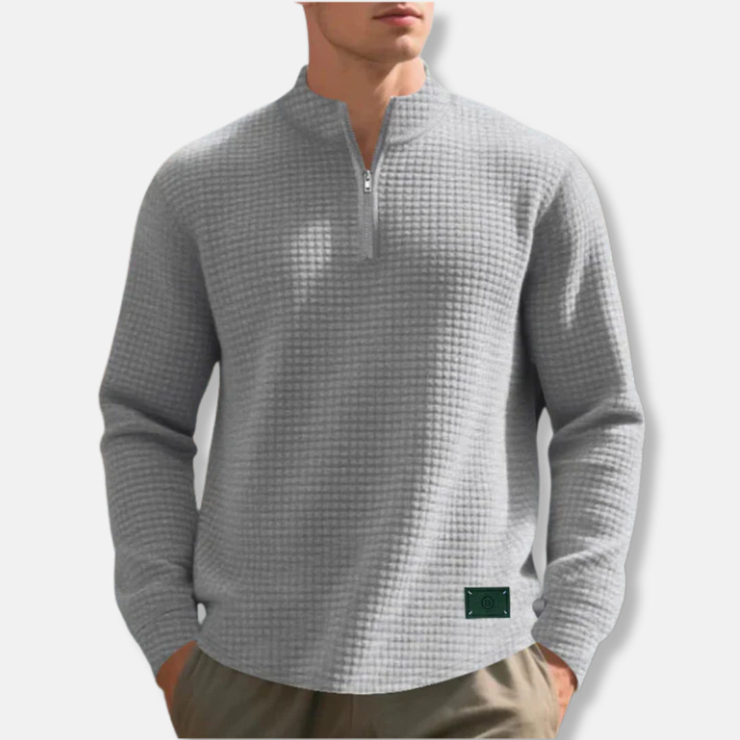 Men’s Sweater – Regular Fit – Waffle Knit Texture – Long Sleeve Mock Neck Quarter Zip