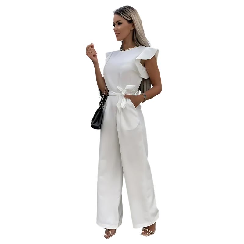 Women's Jumpsuit - Sleeveless Ruffle Shoulder - Belted Waist - Wide-Leg Elegant Fit