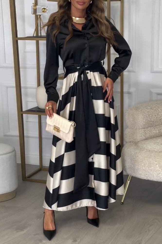 Women’s Shirt Dress – Maxi Length – Button-Up – Waist Tie – Collared – Striped