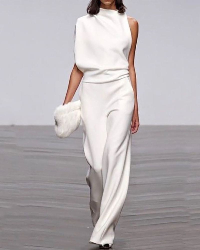 Women’s Jumpsuit – Sleeveless High Neck – Wide Leg – Luxury Fabric Formal Fit