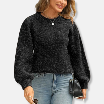 Women’s Sweatshirt – Relaxed Fit – Textured Knit – Puff Sleeves – Crew Neck