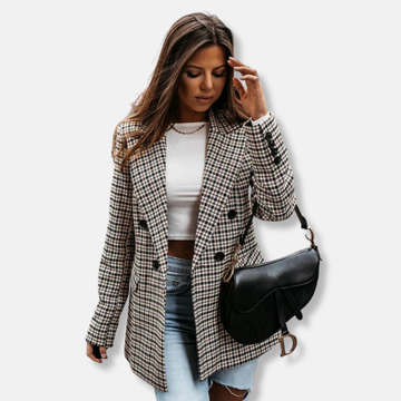 Women’s Blazer – Tailored Fit – Wool Blend – Double-Breasted Houndstooth – Notched Lapel