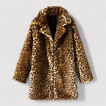 Women's Classic Leopard Print Coat | Plush Faux Fur Overcoat | Mid-Length with Notch Lapel