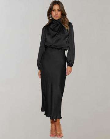 Women's Midi Dress - High Neck - Long Sleeve - Satin Silky Elegant Fit