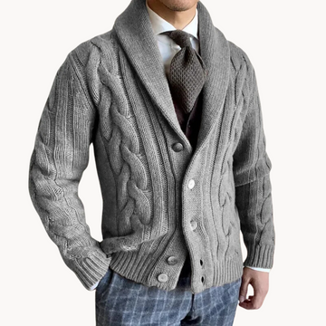Men’s Cardigan – Wool Knit – Relaxed Fit – Cable Knit – Shawl Collar – Button Front