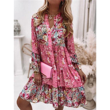 Women's Floral Print Dress - Loose Fit A-Line - Long Sleeve Tiered Lightweight Design