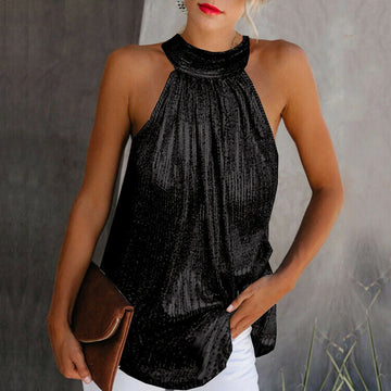 Women's Sleeveless Lace Top - Mock Neck Halter - Elegant Semi-Formal Wear